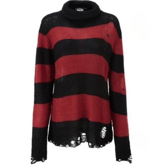 Seven Knit Sweater | Blood Red Distressed Raw Hem Extra Long Striped - Killstar - Sweaters