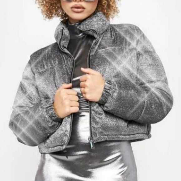 Tundra Tamer Sparkle Puffer Jacket | Silver Side Pockets High Neck - Poster Grl - Jackets