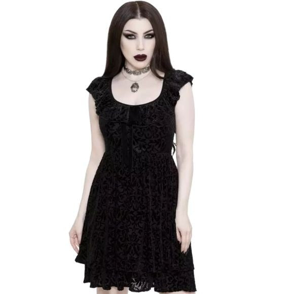 Damask Pattern Dress | Velvet Susanna Mini Black Ruffle Collar Dress - Killstar - Dresses