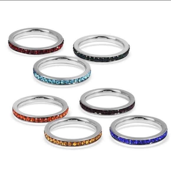 7 Austrian Crystal Stackable Rings | Stainless Steel Chakra Crystals Band Rings - A Gothic Universe - Rings