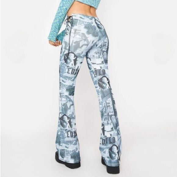 Casper Laced Flare Pants | Lace-up Sides Cool Blue Hues Retro Vibes - Edikted - Pants