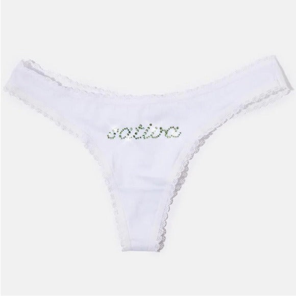 Sativa Rhinestone Thong | White Cotton Rhinestone Sativa In Green - MaryJaneNite - Panties