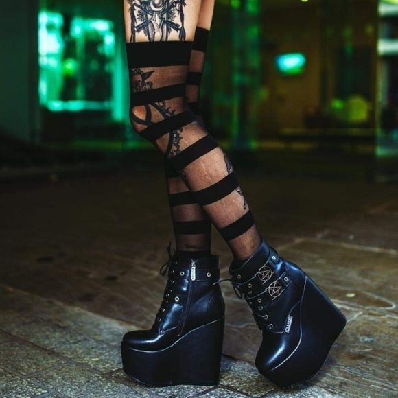 Underworld Stockings | Black Striped Pattern Thigh High - Killstar - Thigh Highs