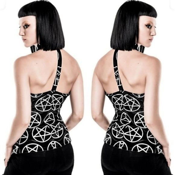 Luxe Velvet Blouse | Venom On Edge |  T-Back Halter Pentagram Top - Killstar - Blouses