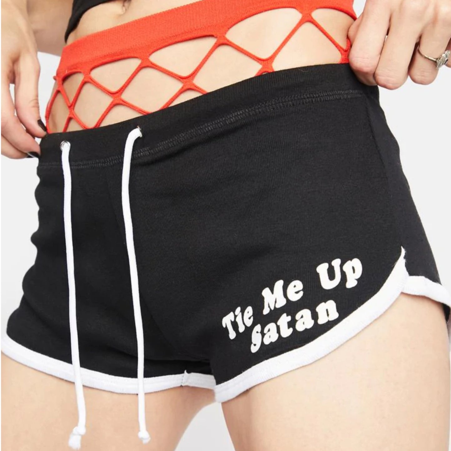 Black Dolphin Booty Shorts | Tie Me Up Satan Graphics Front & Back - Too Fast - Shorts