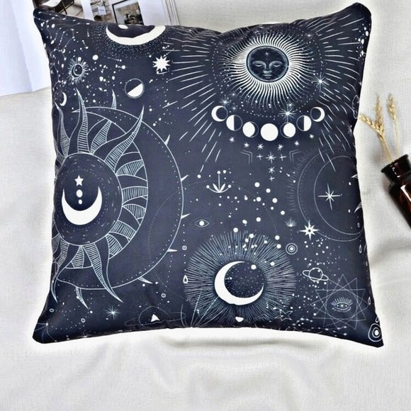 The Galaxy | Side Zip Throw Pillow Cover Moon Sun Stars Planets Moon Phases Blue - A Gothic Universe - Pillow Covers
