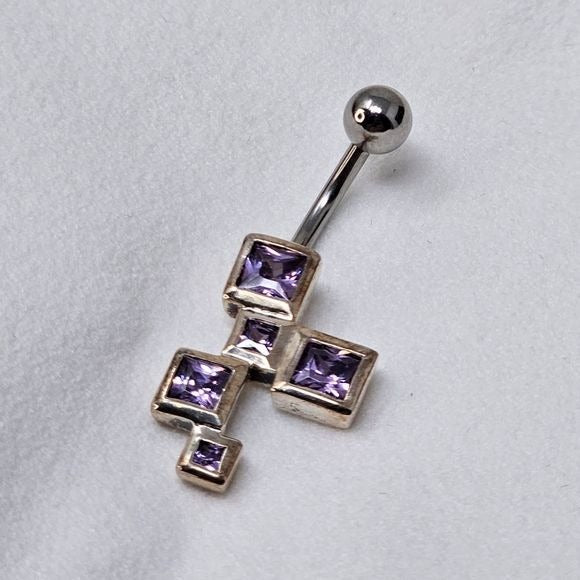 Body Jewelry | Amethyst Square Shaped Dangle 925 Navel Ring - Painful Pleasures - Body Jewelry