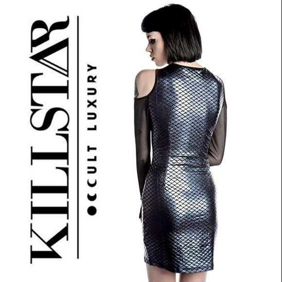 Felicity Cold-Shoulder Dress | Blue Bodycon Mermaid Pattern Mesh Sleeves - Killstar - Dresses