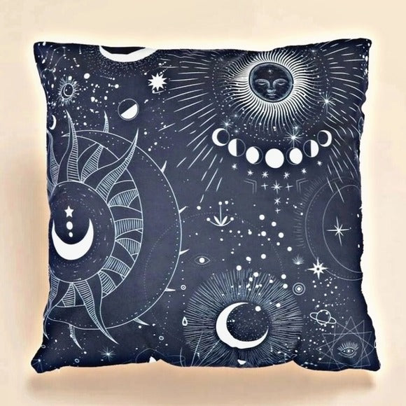 The Galaxy | Side Zip Throw Pillow Cover Moon Sun Stars Planets Moon Phases Blue - A Gothic Universe - Pillow Covers