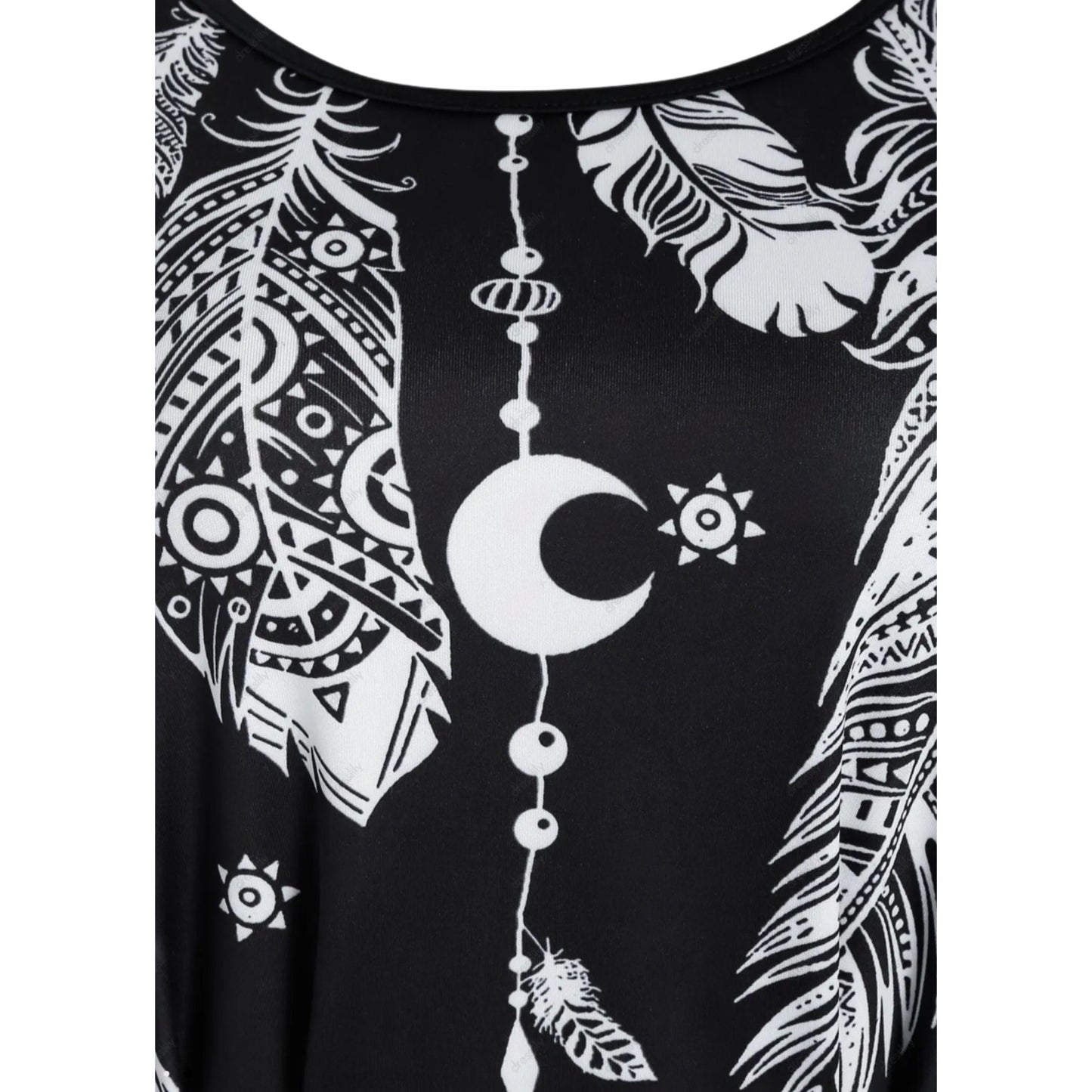 Vintage-Inspired Black Moon & Feather Print Dress With Rope Belt & Pockets - A Gothic Universe - Hi-Low Dresses