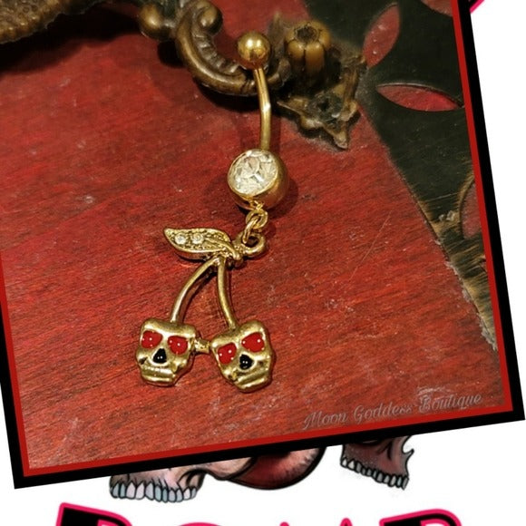 Body Jewelry | Skull Face Cherries Navel Ring - Painful Pleasures - Navel Rings