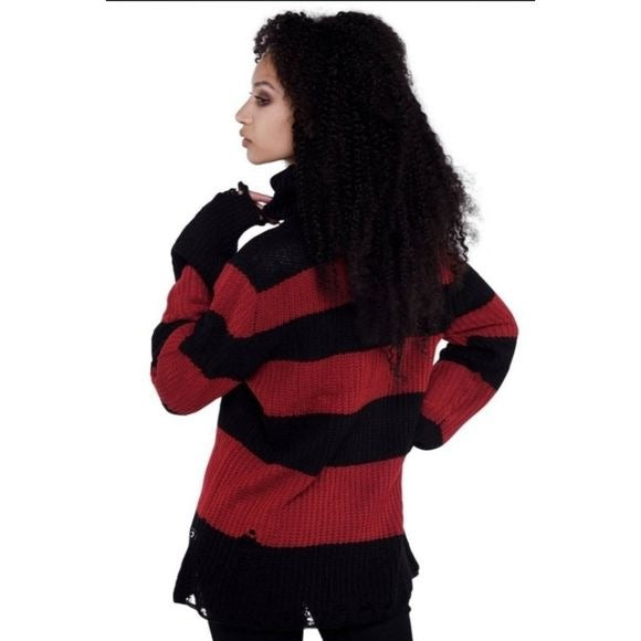 Seven Knit Sweater | Blood Red Distressed Raw Hem Extra Long Striped - Killstar - Sweaters