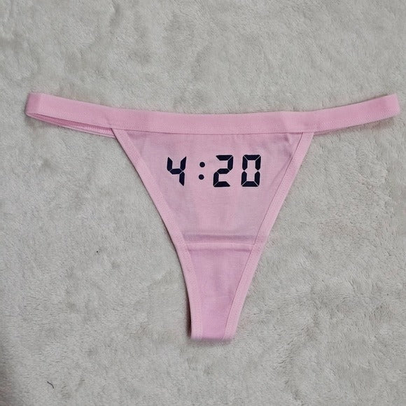 420 Thong | Pink Stretchy Black 4:20 Graphic Front Cotton XS-S - MaryJaneNite - Panties