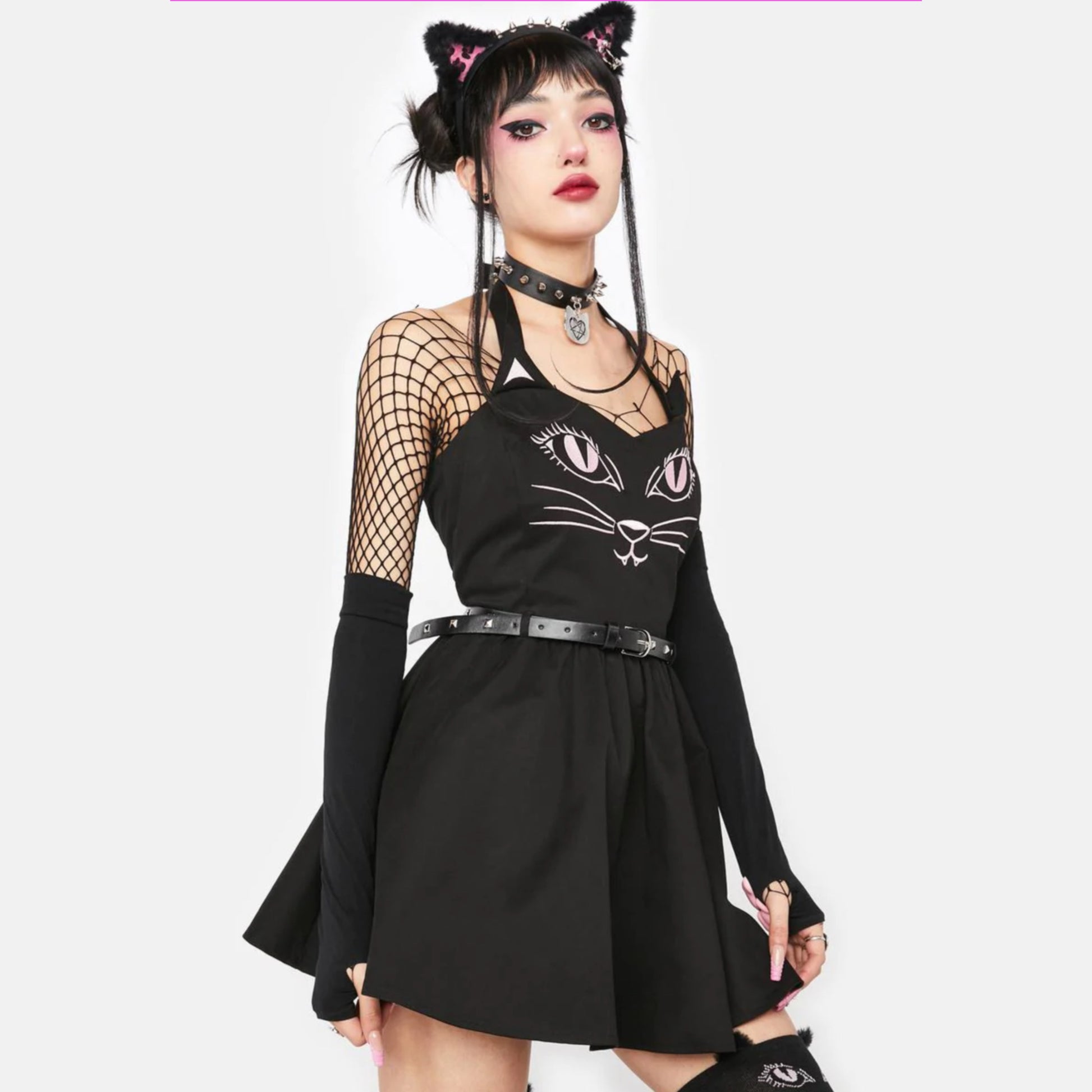 Black Kitty Mini Dress | Puffy Cat Ear Details Embroidered Cat Graphic & Studded Belt - The Grave Girls - Dresses