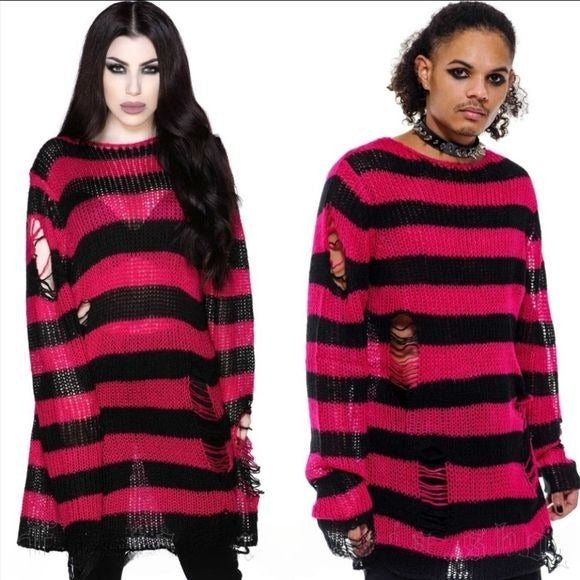 Mika Knit Sweater | Black / Rasberry Stripes Unisex Distressed Long - Killstar - Sweaters