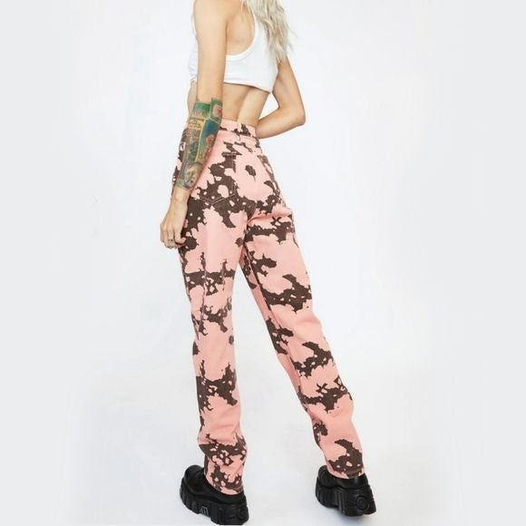 Cow Print Relaxed Straight Leg Jeans | Brown High Waisted Pockets - Momokrom - Jeans