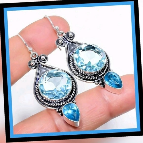 Swiss Blue Topaz Earrings | Antique Detailing Sterling Silver 2.2" Drop Earrings - A Gothic Universe - Earrings