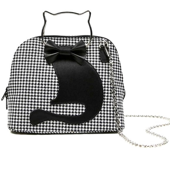 Dixie Handbag | Black White Houndstooth Pattern Metal Cat Straps - Lost Queen - Crossbody Bag