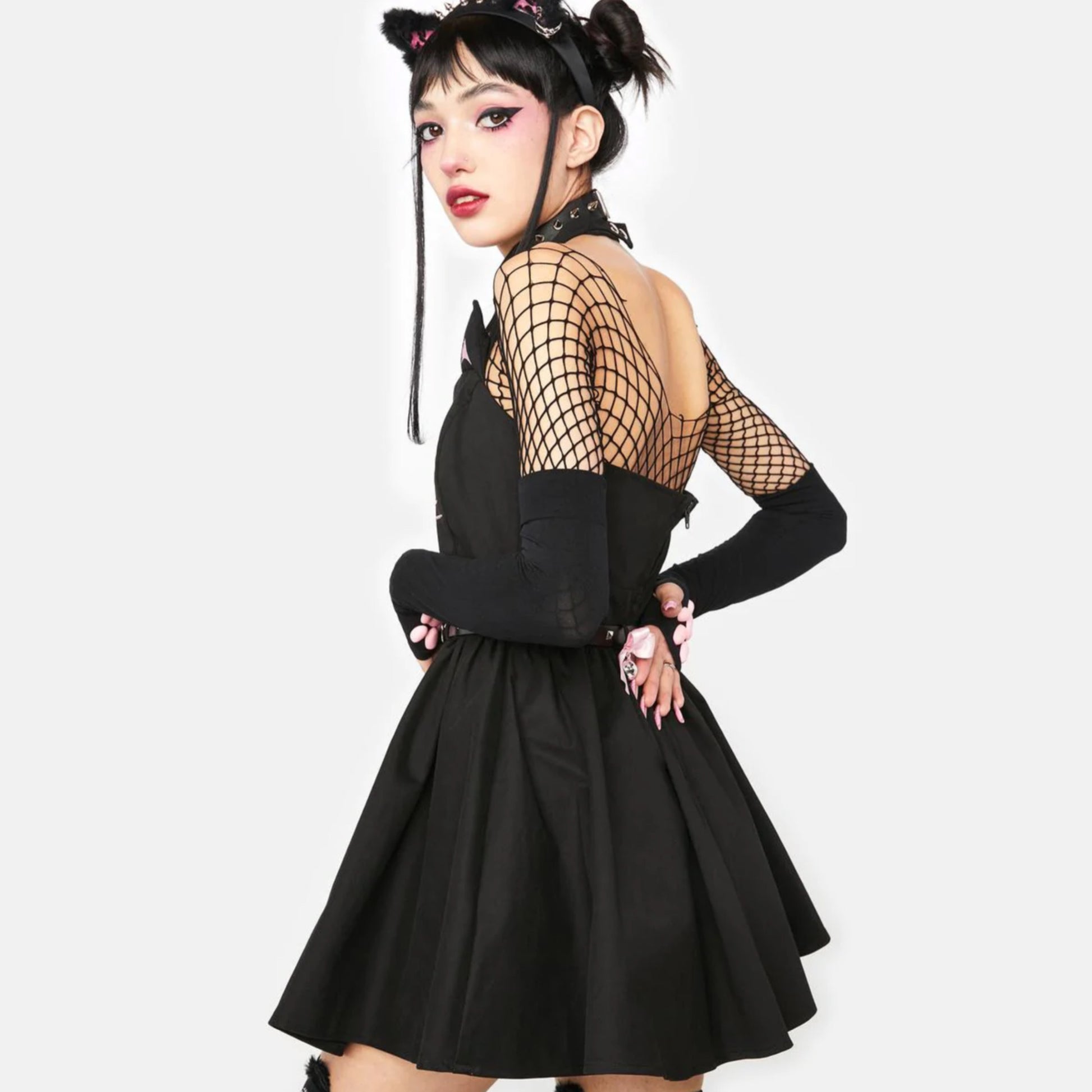 Black Kitty Mini Dress | Puffy Cat Ear Details Embroidered Cat Graphic & Studded Belt - The Grave Girls - Dresses