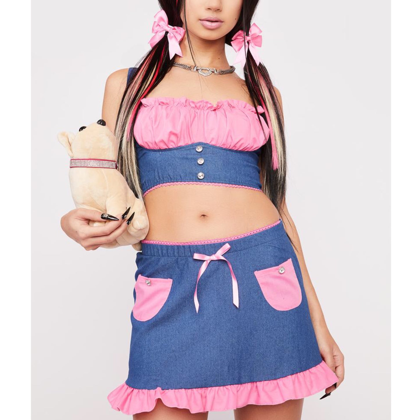 Pink & Blue Costume Set | Ruffle Crop Top Matching Denim Skirt Hair Bows Puppy Mini Bag - Trickz N Treatz - Costumes