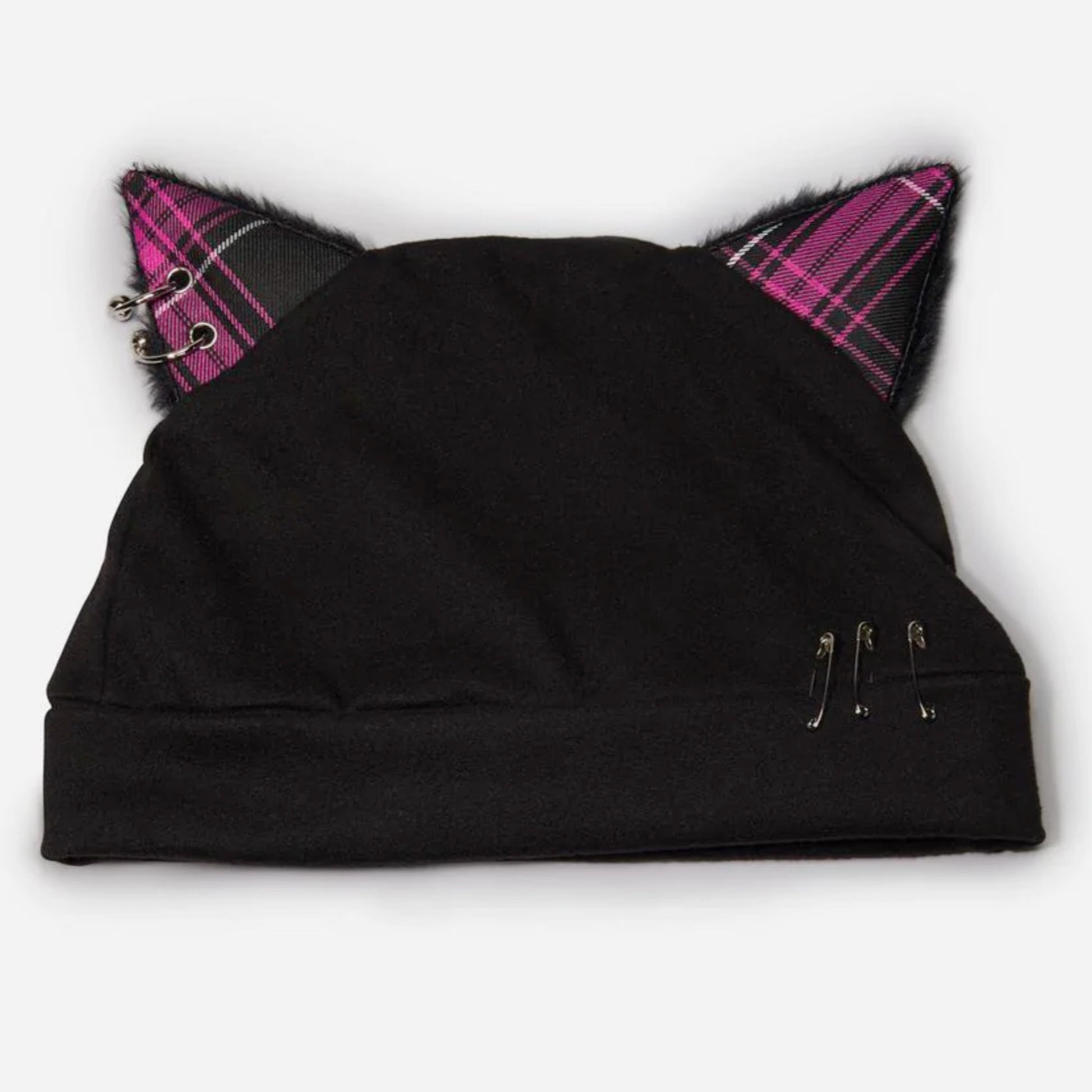 Pierced Kitty Beanie | Black Slouchy Knit Plaid Cat Ears Faux Fur Trim - Widow - Beanies