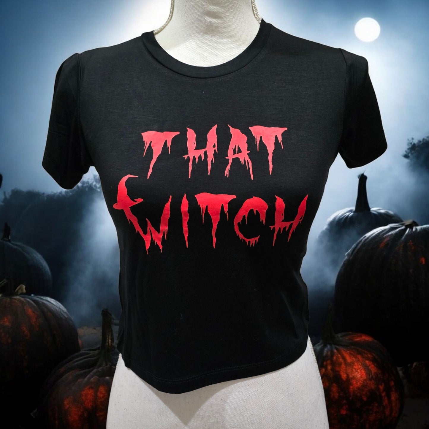 Halloween Black Crop Top With Red "That Witch" Graphic