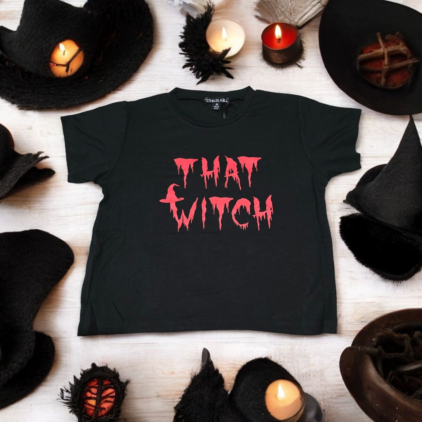 Halloween Black Crop Top With Red "That Witch" Graphic