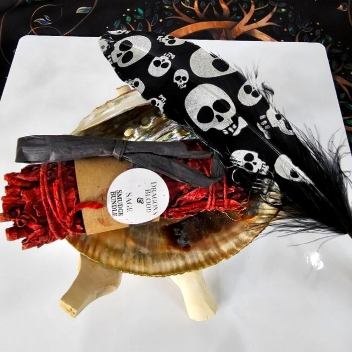 Smudging Set | Dragon's Blood Sage, Black Skull Feather & Abalone Shell - A Gothic Universe - Smudging Sets