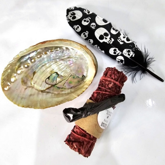 Smudging Set | Dragon's Blood Sage, Black Skull Feather & Abalone Shell - A Gothic Universe - Smudging Sets