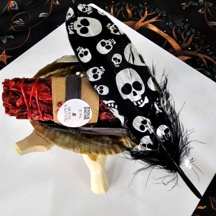 Smudging Set | Dragon's Blood Sage, Black Skull Feather & Abalone Shell - A Gothic Universe - Smudging Sets