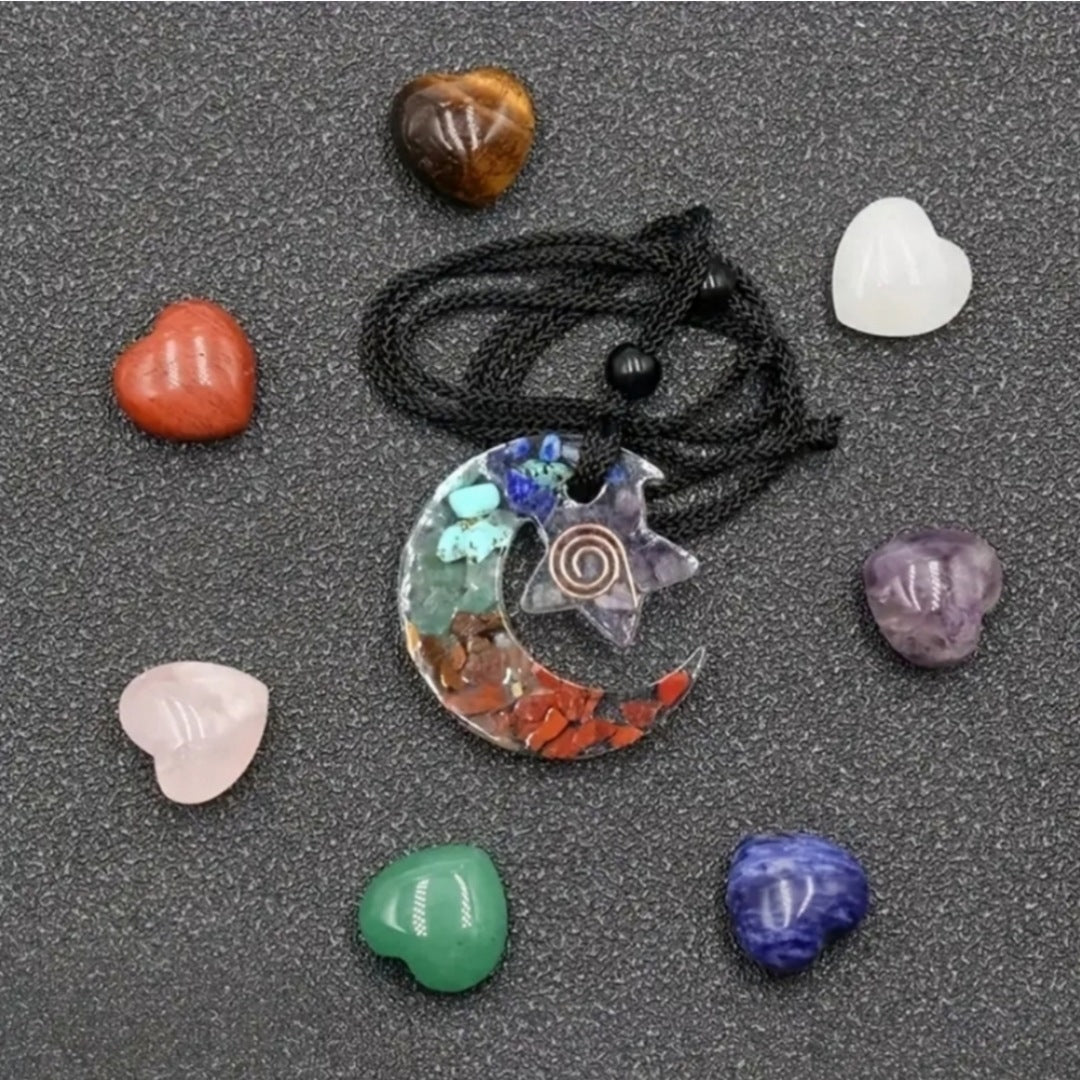 Handmade Healing Crystals Set | Moon Star Pendant Necklace & 7 Chakra Crystals - A Gothic Universe - Necklaces