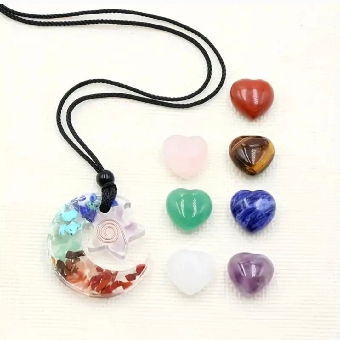 Handmade Healing Crystals Set | Moon Star Pendant Necklace & 7 Chakra Crystals - A Gothic Universe - Necklaces