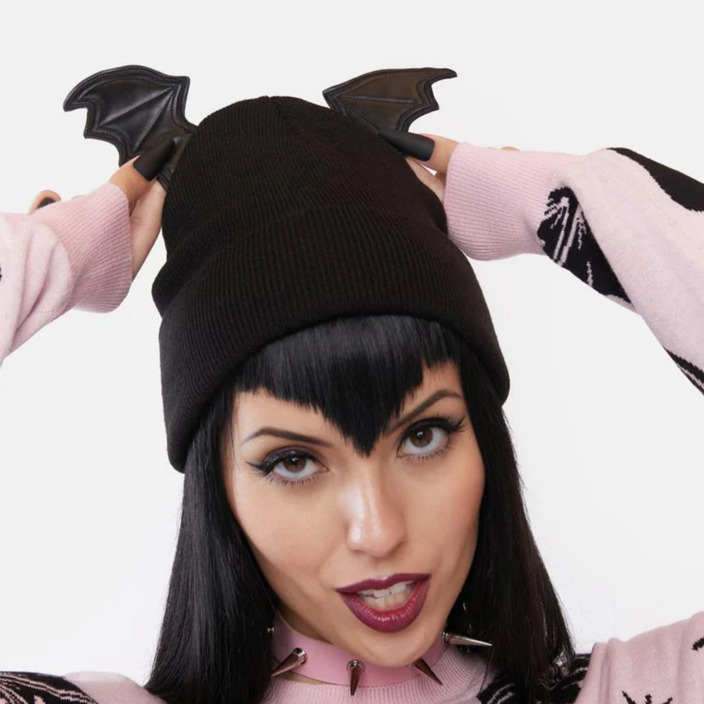 Bat Wing Beanie | Black Knit Folded Cuff Vegan Leather Wings - The Grave Girls - Beanies