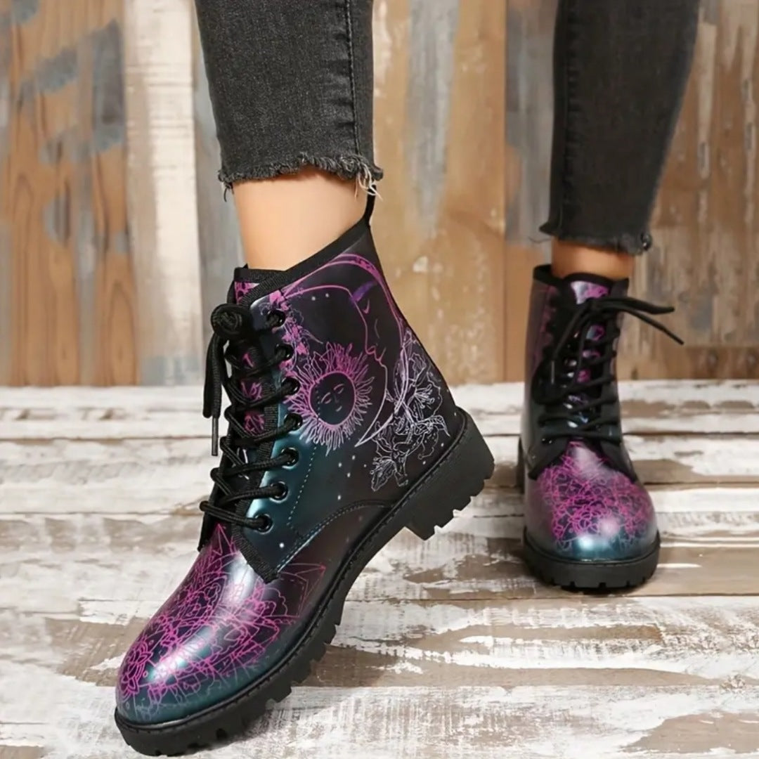 Women's Ankle Combat Moto Boots | Celestial Pattern Leather Lace-up Black Pink - A Gothic Universe - Boots