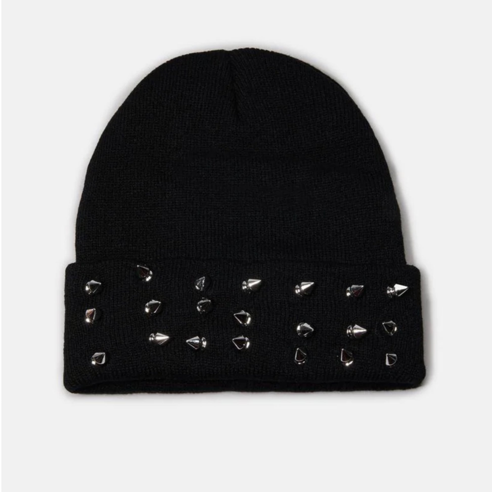 Black Ribbed Knit Beanie | Fold Over With Spiked Studs On front - Widow - Beanies