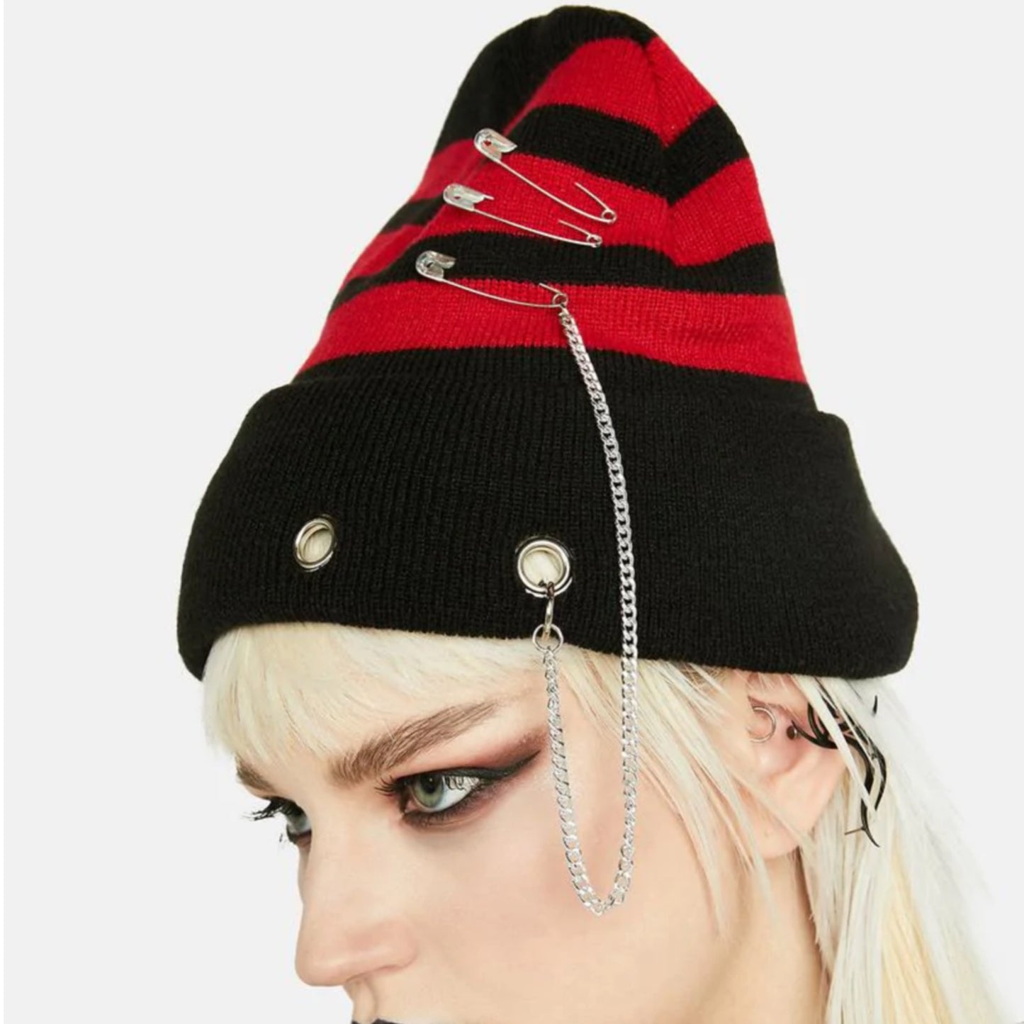 Punk Style Beanie | Black With Red Stripes Safety Pins & A Chain - Dolls Kill - Beanies