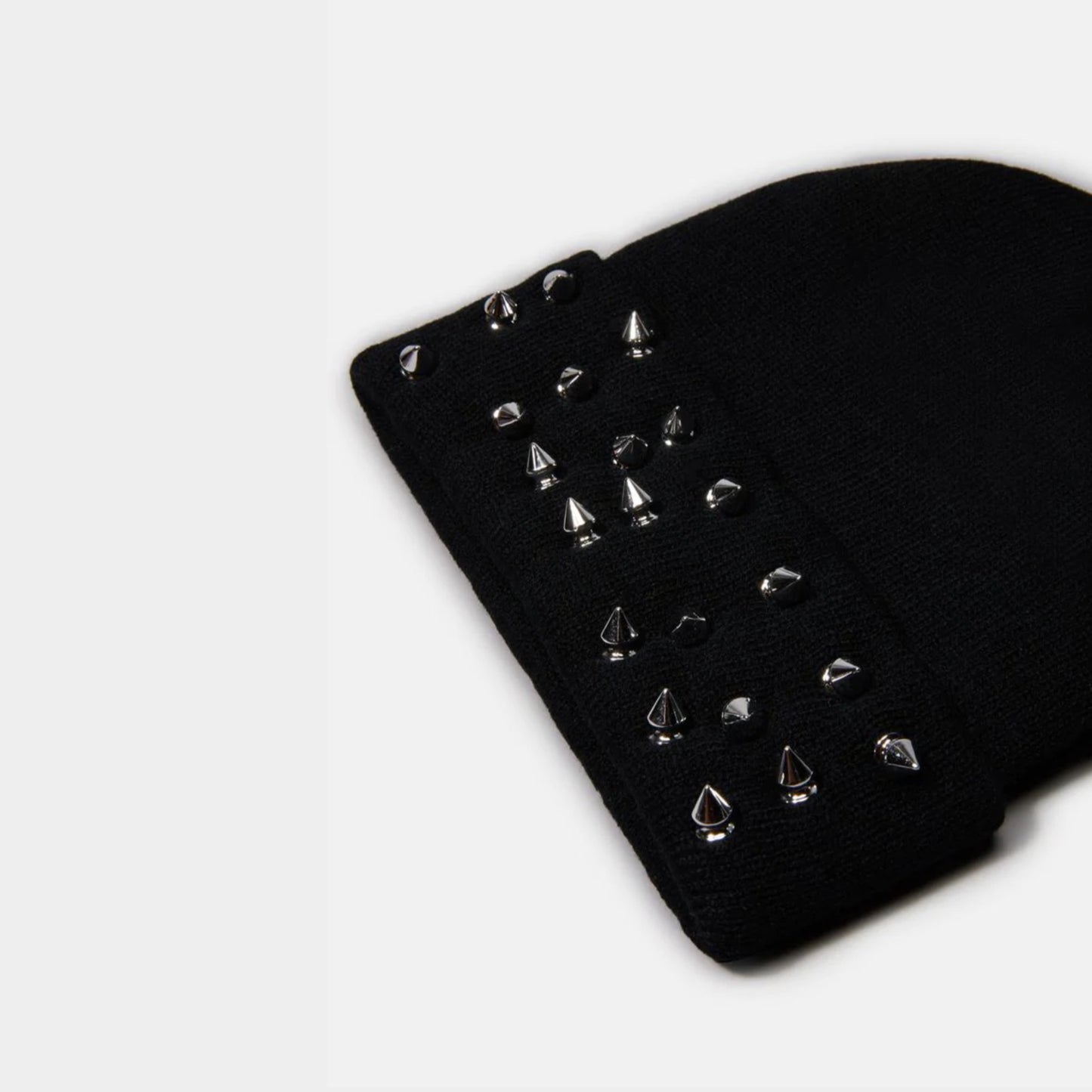 Black Ribbed Knit Beanie | Fold Over With Spiked Studs On front - Widow - Beanies