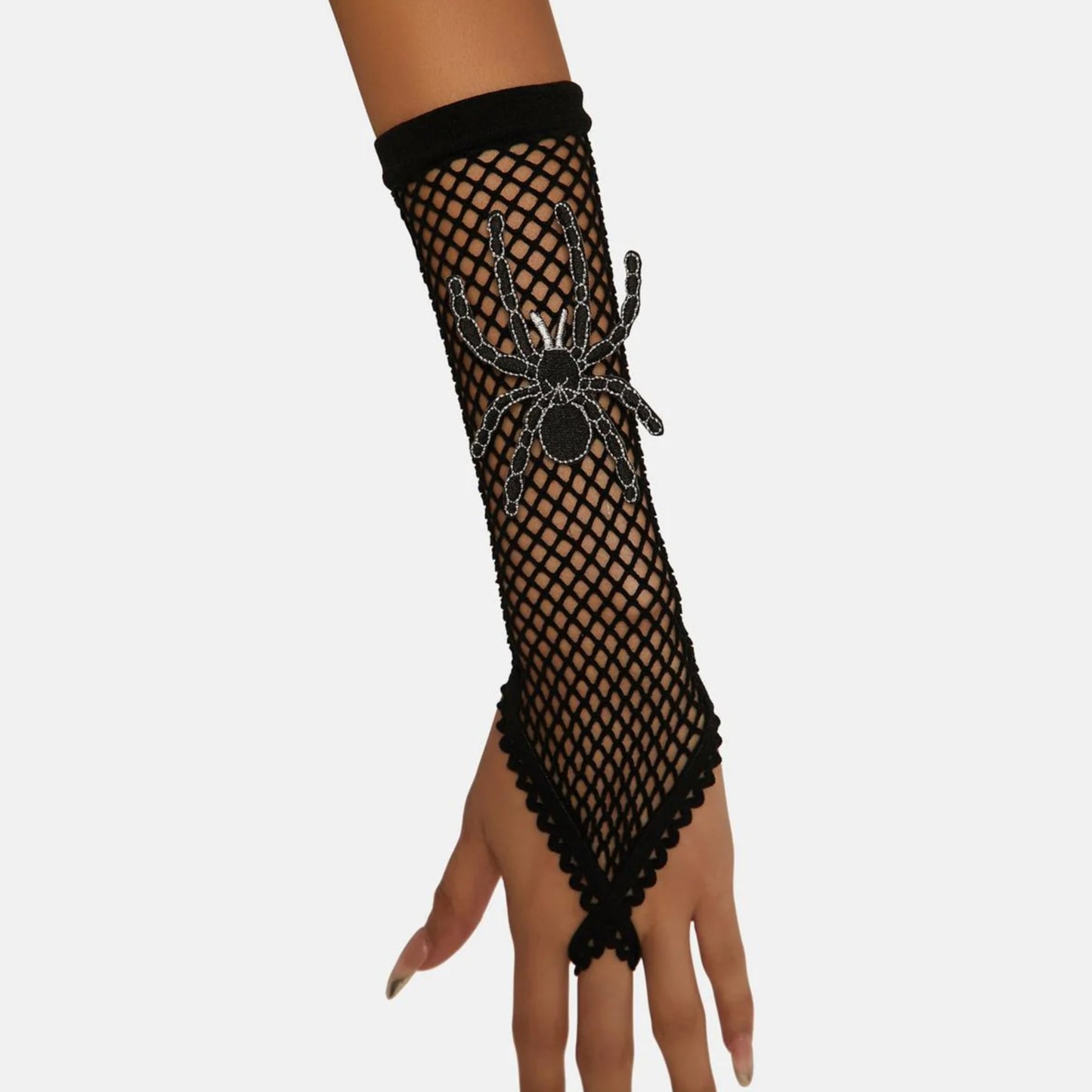 Fishnet Loop Strap Gloves Set | Black Soft Trim Embroidered Spider Patch - Widow - Gloves