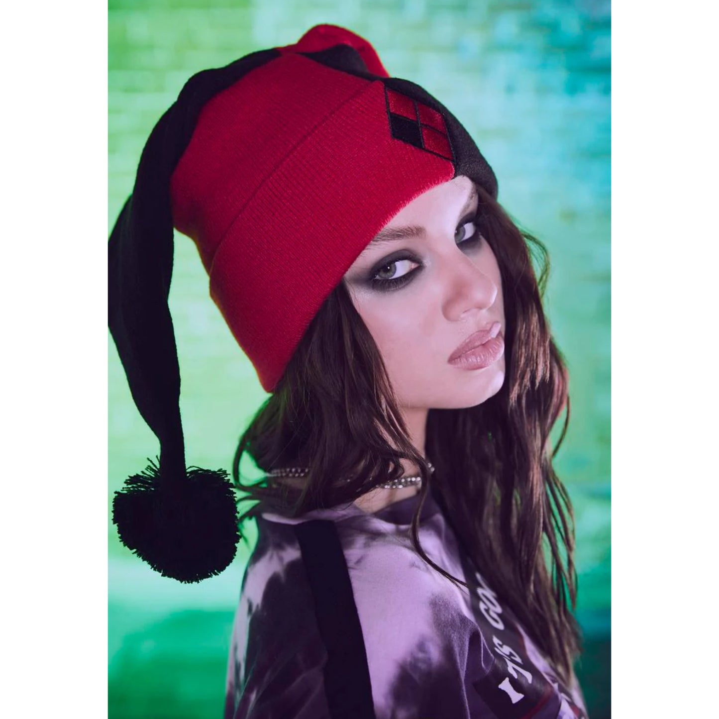 Clown Princess Beanie | Two-Tone Floppy Pom Poms Knit Embroidered Harlequin Symbol - DC Comics - Beanies