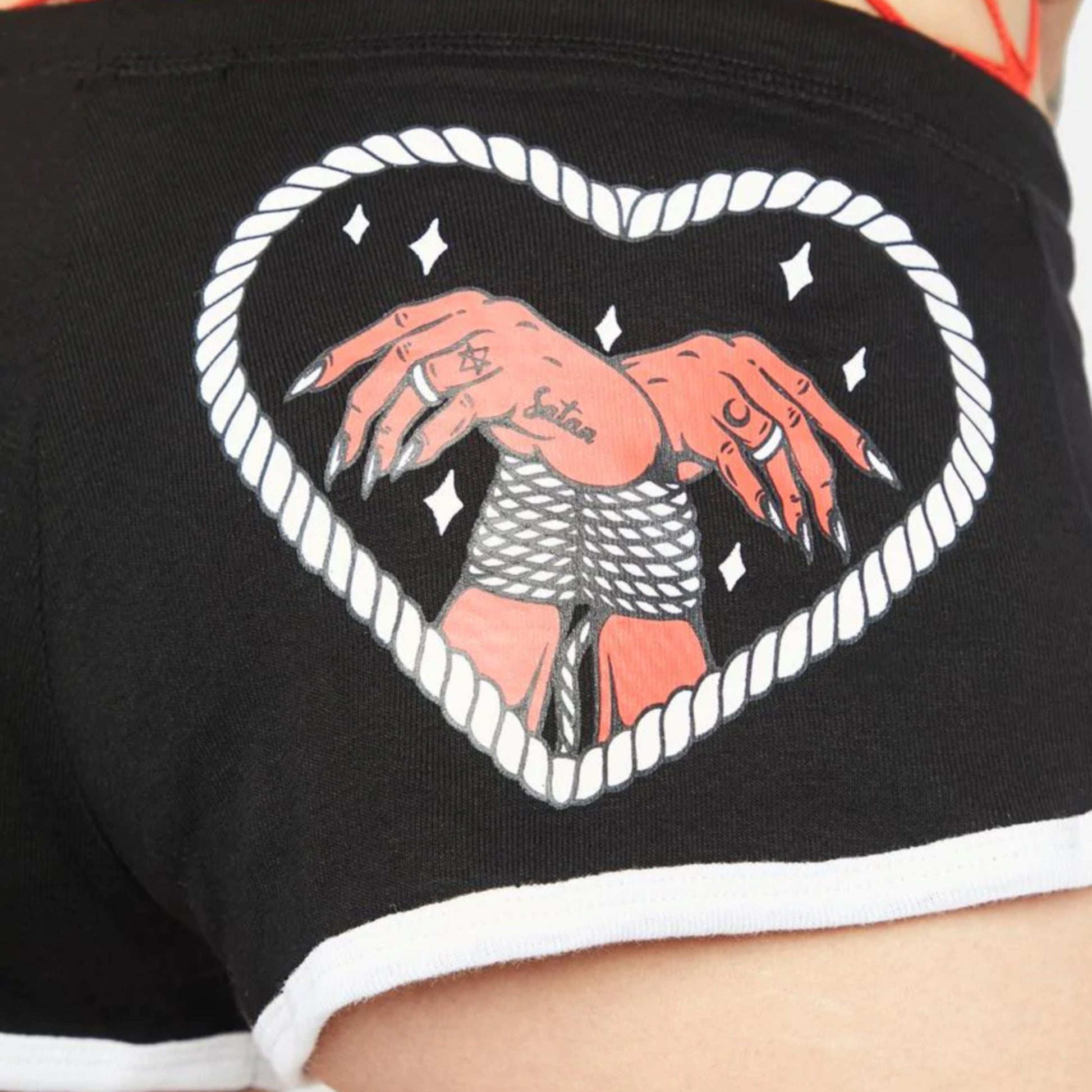 Black Dolphin Booty Shorts | Tie Me Up Satan Graphics Front & Back - Too Fast - Shorts