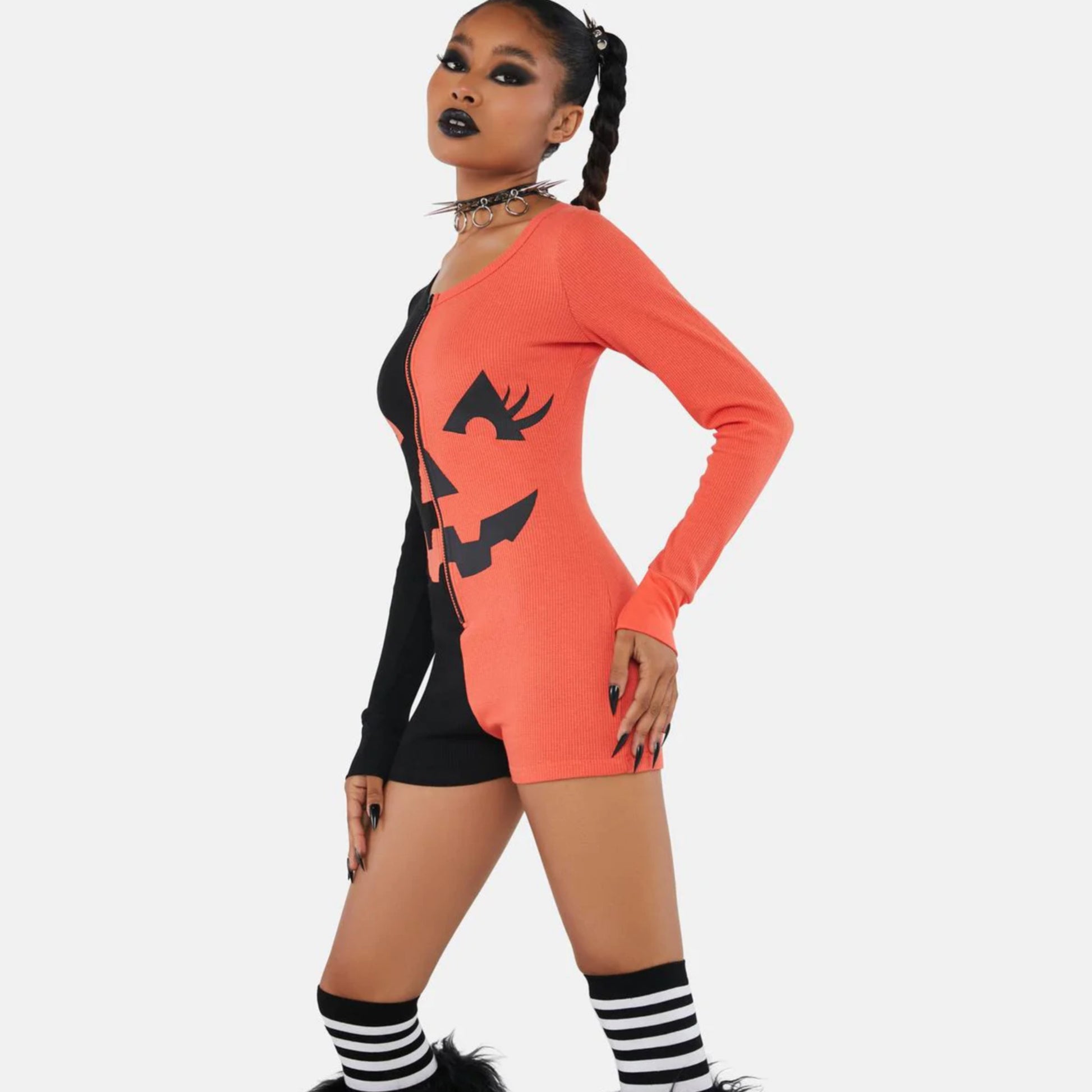 Pumpkin Face Long Sleeve Romper | Black and Orange Stretchy Waffle Knit Cotton - Trickz N Treatz - Romper