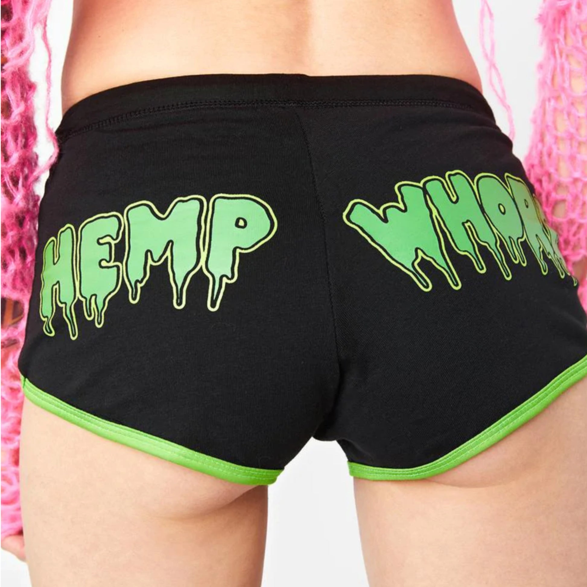 Black Short Shorts | Pot Leaf & Hemp Whore Green Graphics - Too Fast - Shorts