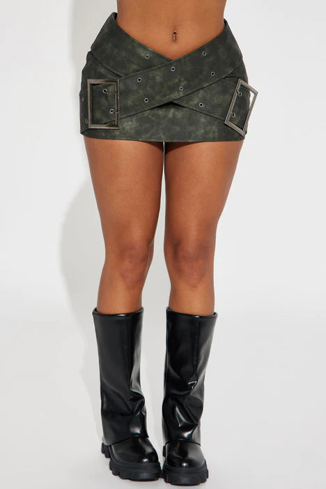 Cross Belted Micro Mini Skirt | Black Wash Faux Leather Low Rise Front Zip - A Gothic Universe - Micro Mini Skirts