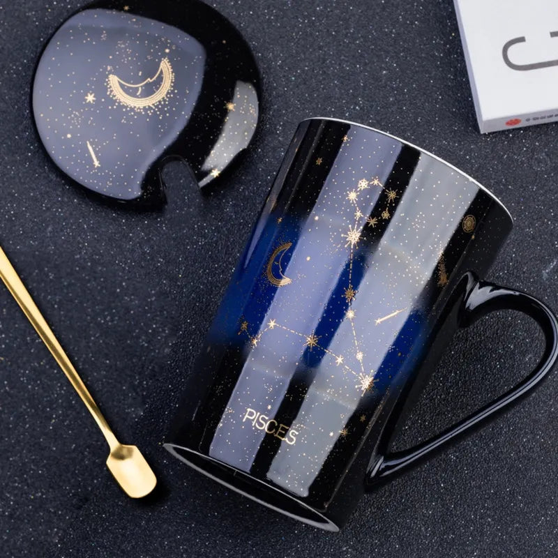 Starry Sky Zodiac Ceramic Mug Set | 12 Constellations Bone China Mug with Gold Spoon and Lid - A Gothic Universe - Mugs