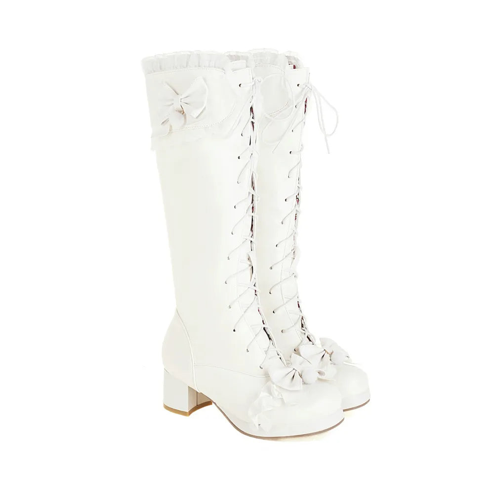 Cute Japanize Lolita Lace High Boots | White Vegan Leather Mid Calf Lace-Up Lacey Trim - A Gothic Universe - Boots