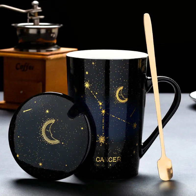 Starry Sky Zodiac Ceramic Mug Set | 12 Constellations Bone China Mug with Gold Spoon and Lid - A Gothic Universe - Mugs