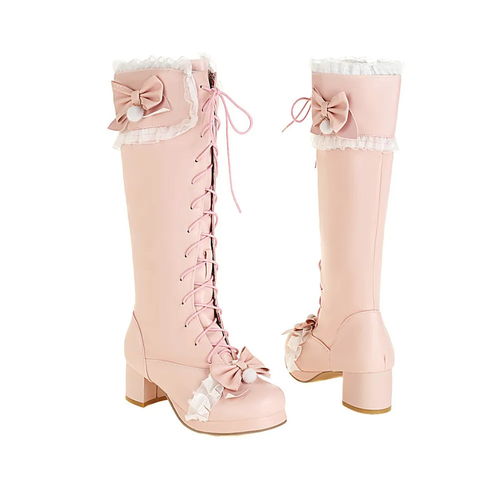 Cute Japanese Lolita Lace High Boots | Pink Vegan Leather Lace-Up White Lacey Trim - A Gothic Universe - Boots