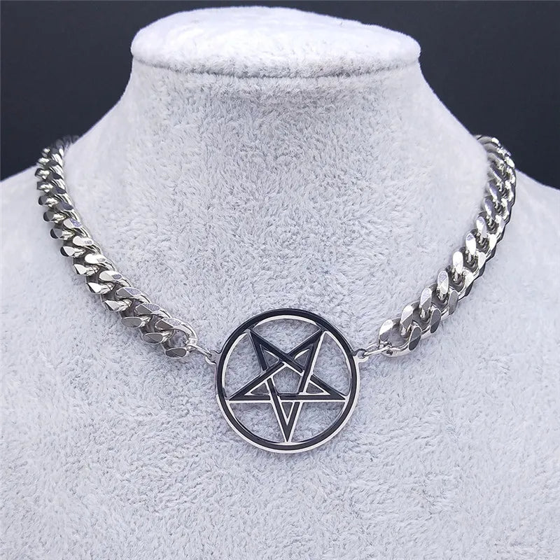 Shadow Serenity Inverted Pentagram Choker | Silver 19.6" - A Gothic Universe - Necklaces
