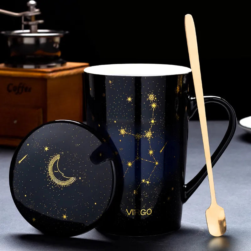 Starry Sky Zodiac Ceramic Mug Set | 12 Constellations Bone China Mug with Gold Spoon and Lid - A Gothic Universe - Mugs