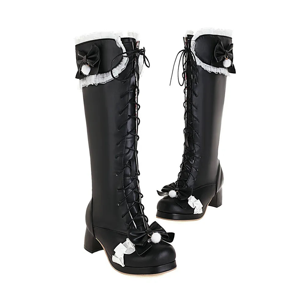 Cute Japanize Lolita Lace High Boots | Black Vegan Leather Mid Calf - A Gothic Universe - Boots